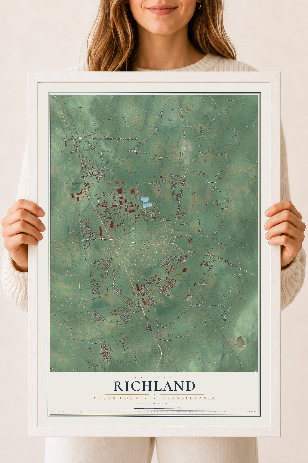 Map of Richland, Bucks County, Pennsylvania, 18 x 24 inch print in a white wood frame