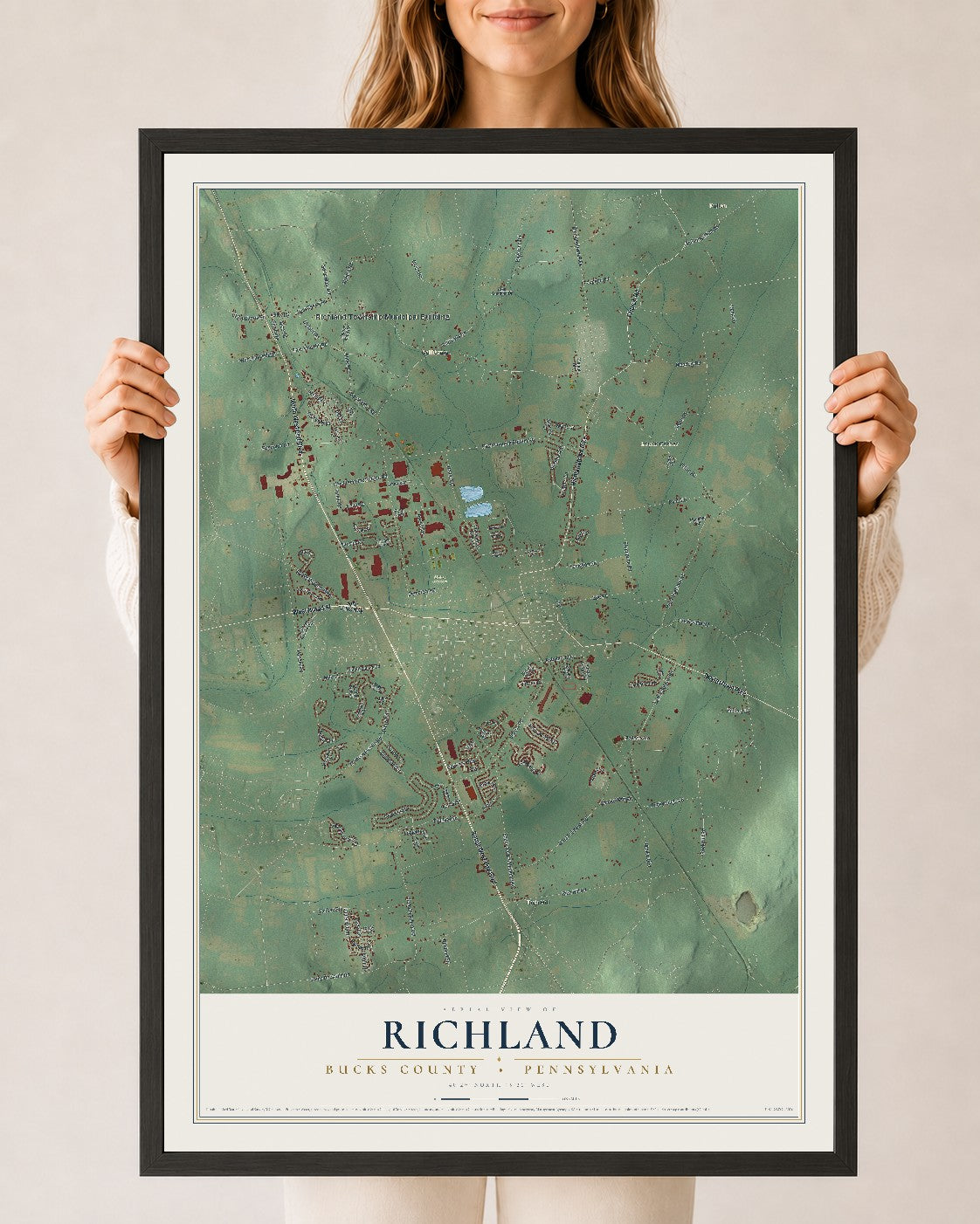 Map of Richland, Bucks County, Pennsylvania, 24 x 36 inch print in a black wood frame