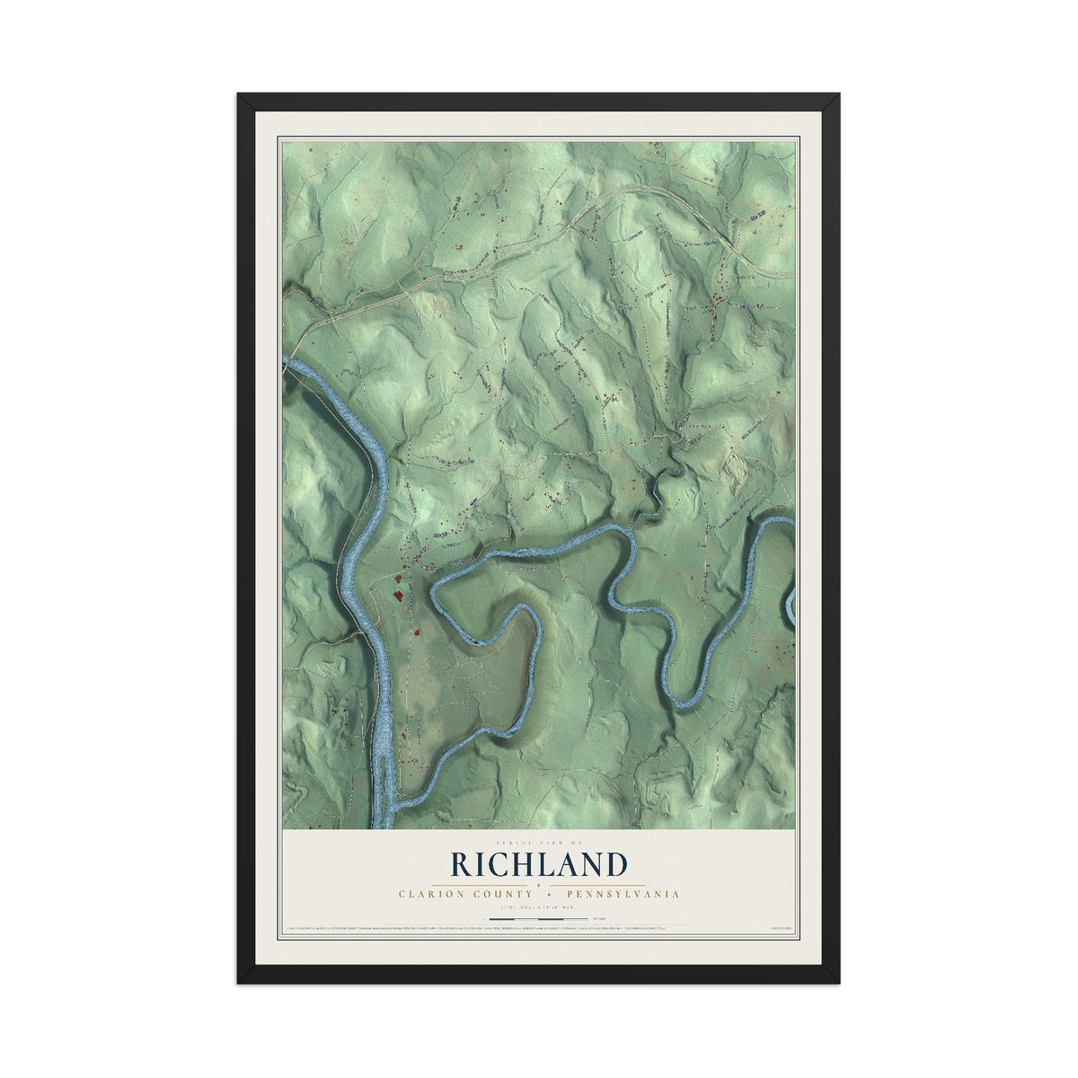 Map of Richland, Clarion County, Pennsylvania, 12 x 18 inch print in a black wood frame