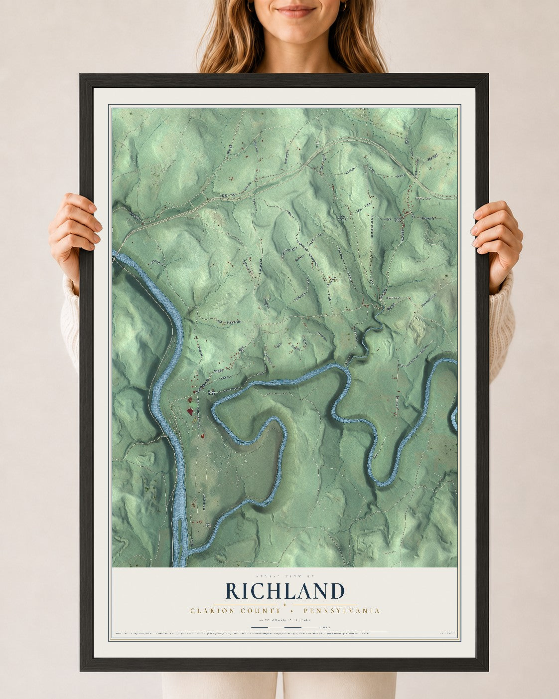 Map of Richland, Clarion County, Pennsylvania, 24 x 36 inch print in a black wood frame