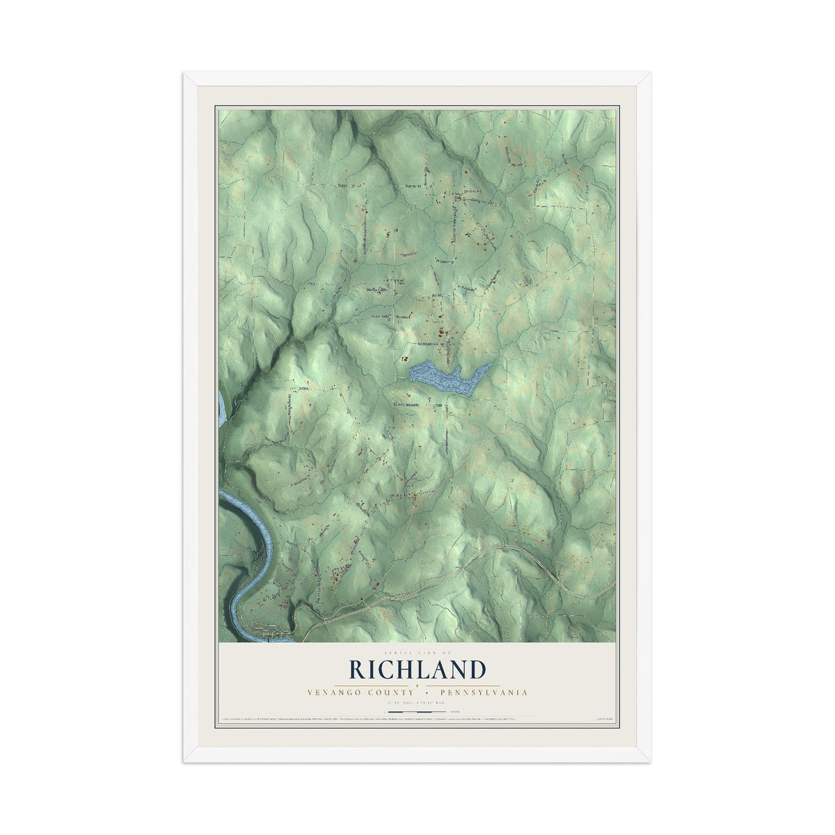 Map of Richland, Venango County, Pennsylvania, 12 x 18 inch print in a white wood frame