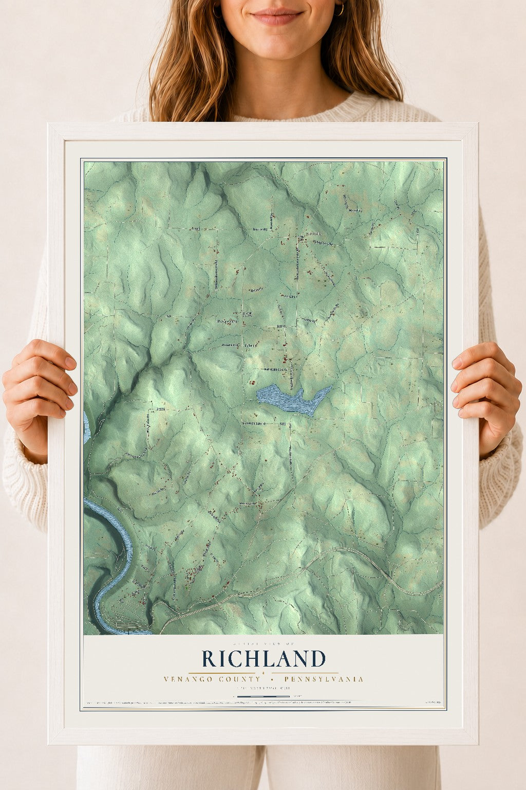 Map of Richland, Venango County, Pennsylvania, 18 x 24 inch print in a white wood frame