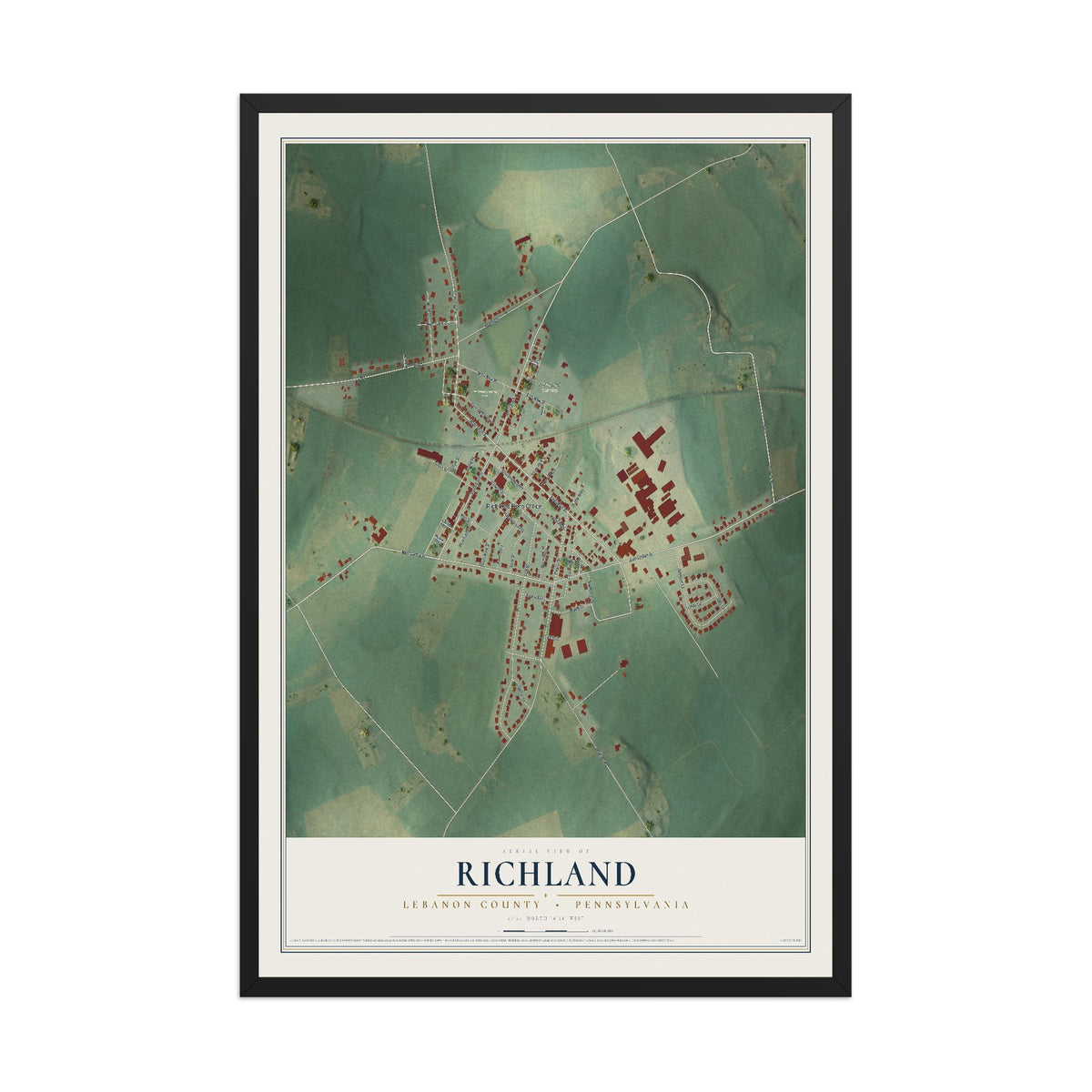 Map of Richland, Lebanon County, Pennsylvania, 12 x 18 inch print in a black wood frame
