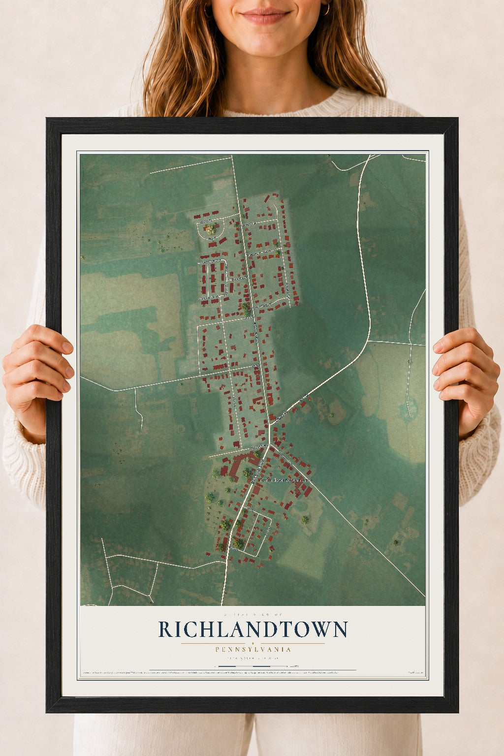 Map of Richlandtown, Pennsylvania, 18 x 24 inch print in a black wood frame