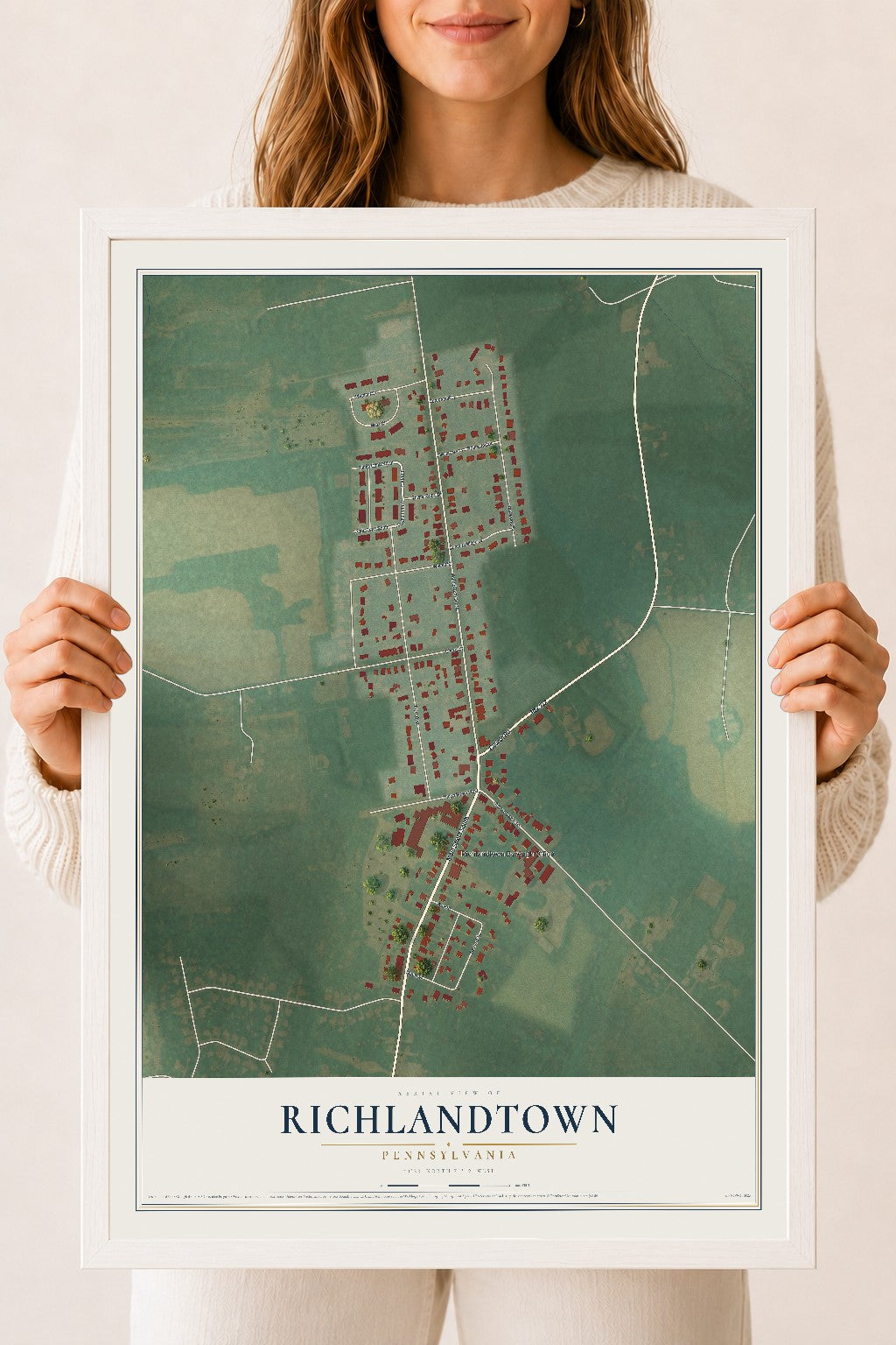 Map of Richlandtown, Pennsylvania, 18 x 24 inch print in a white wood frame