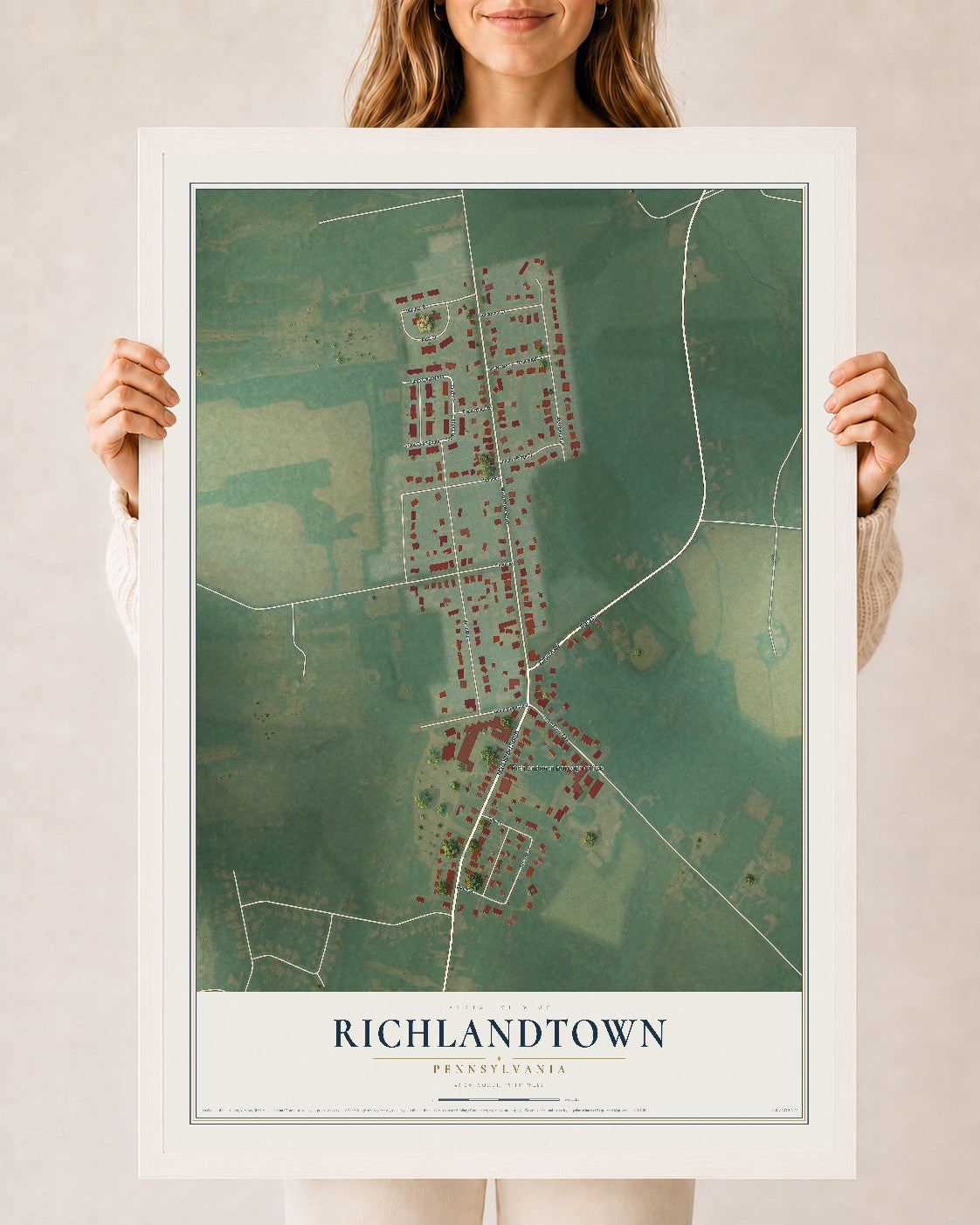 Map of Richlandtown, Pennsylvania, 24 x 36 inch print in a white wood frame