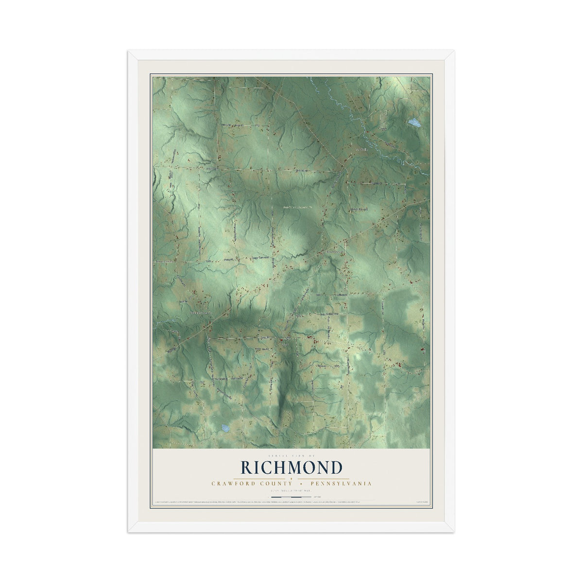 Map of Richmond, Crawford County, Pennsylvania, 12 x 18 inch print in a white wood frame