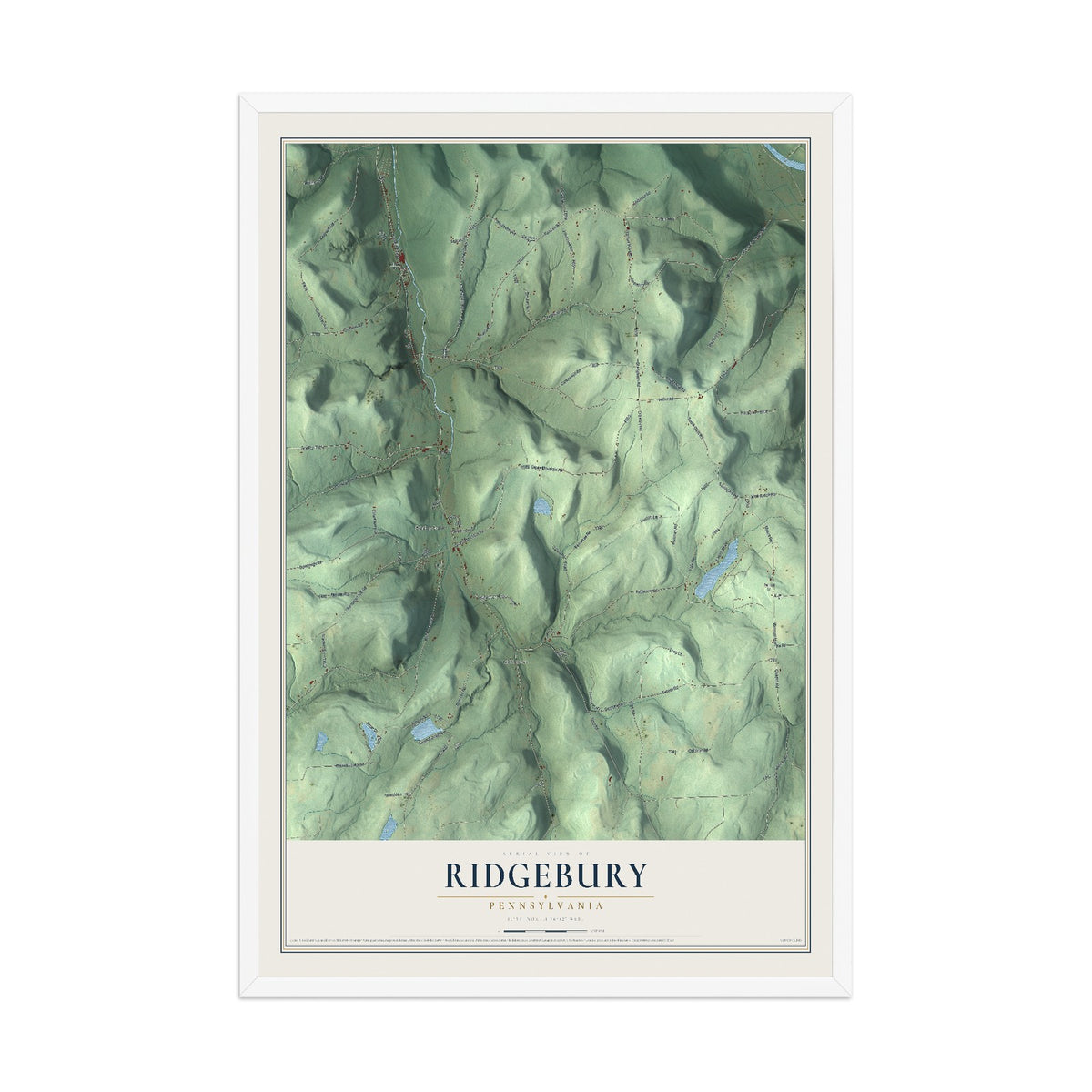 Map of Ridgebury, Pennsylvania, 12 x 18 inch print in a white wood frame
