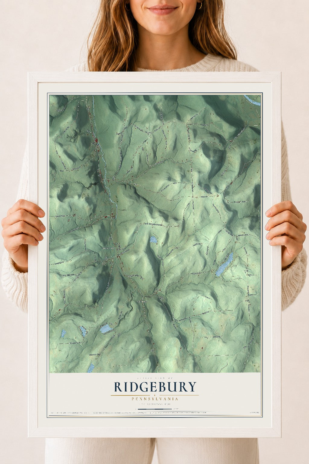 Map of Ridgebury, Pennsylvania, 18 x 24 inch print in a white wood frame