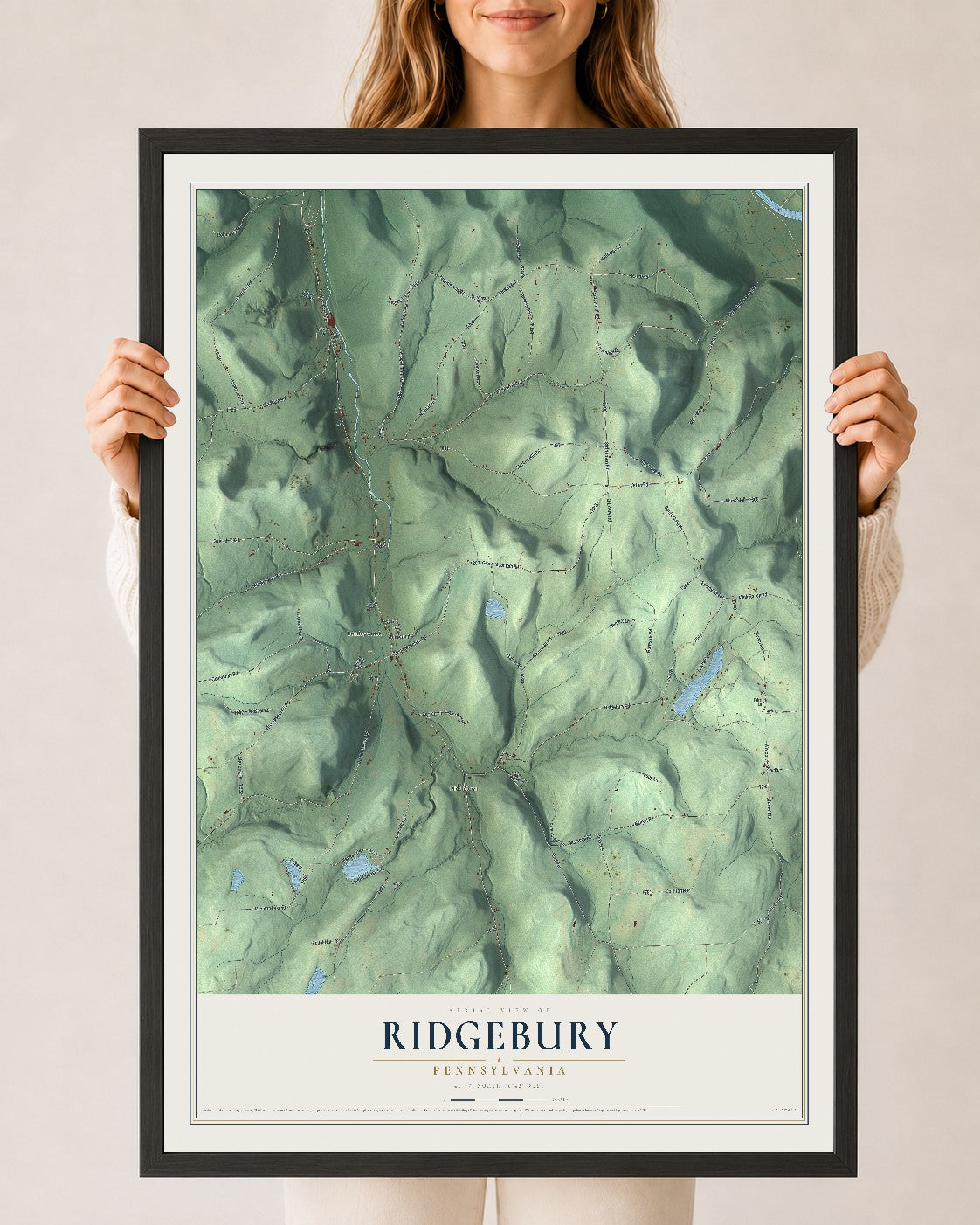 Map of Ridgebury, Pennsylvania, 24 x 36 inch print in a black wood frame