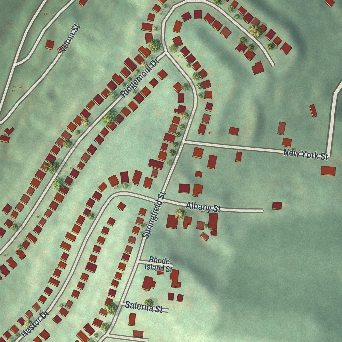 Close-up of the map of Ridgemont, Pennsylvania print showing street and building detail