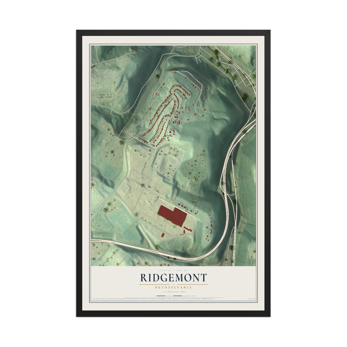 Map of Ridgemont, Pennsylvania, 12 x 18 inch print in a black wood frame