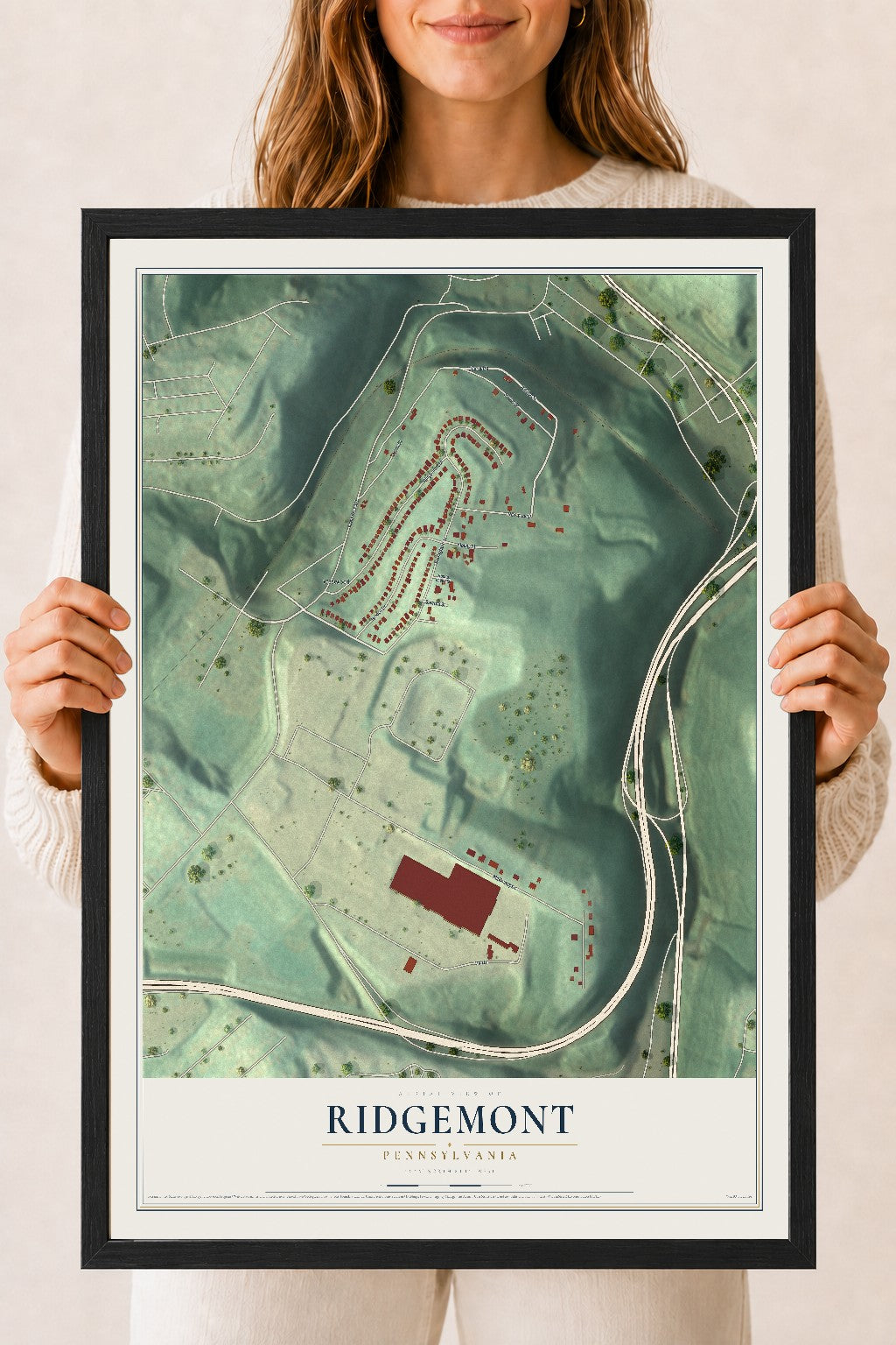 Map of Ridgemont, Pennsylvania, 18 x 24 inch print in a black wood frame