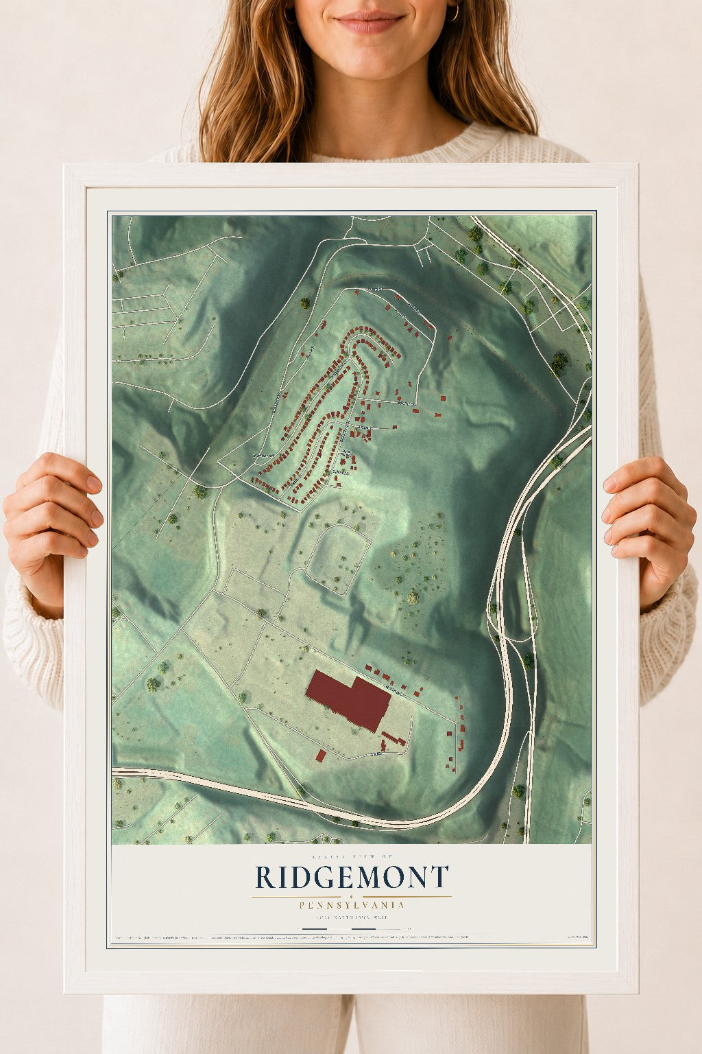 Map of Ridgemont, Pennsylvania, 18 x 24 inch print in a white wood frame