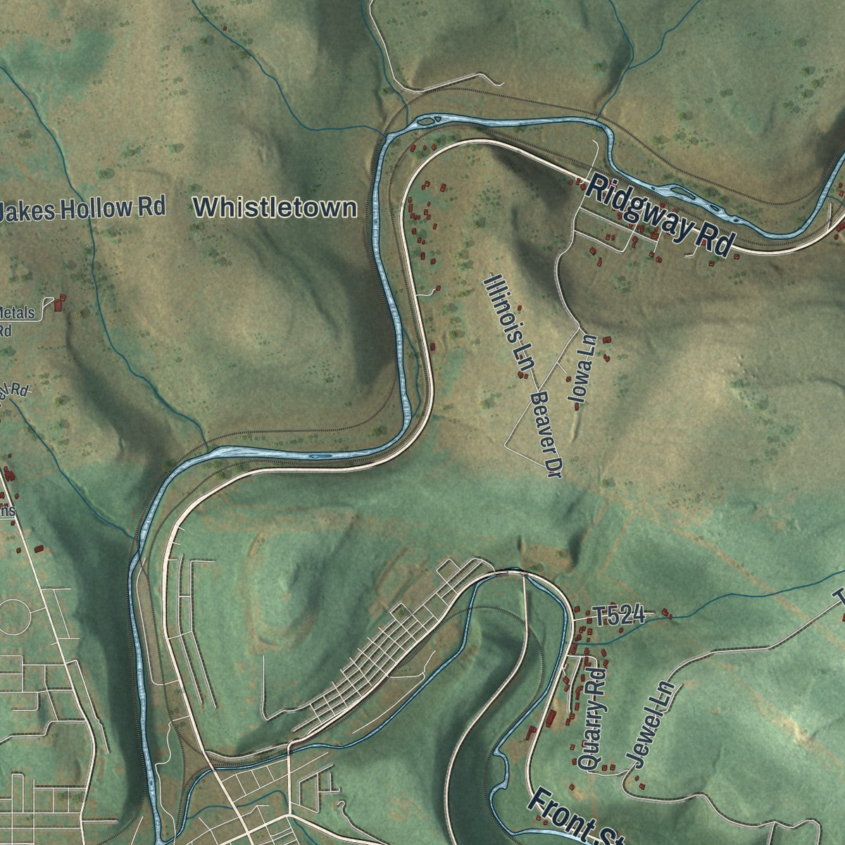 Close-up of the map of Ridgway, Elk County, Pennsylvania print showing street and building detail
