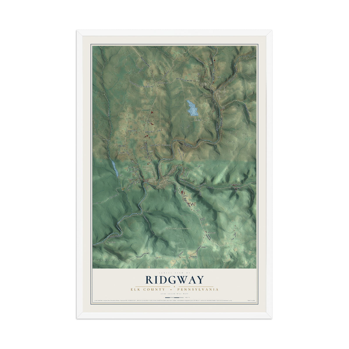 Map of Ridgway, Elk County, Pennsylvania, 12 x 18 inch print in a white wood frame
