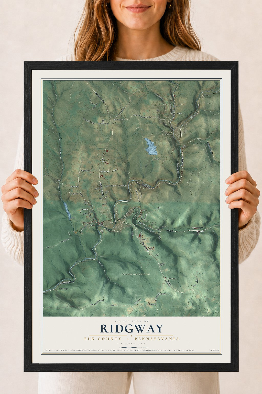 Map of Ridgway, Elk County, Pennsylvania, 18 x 24 inch print in a black wood frame