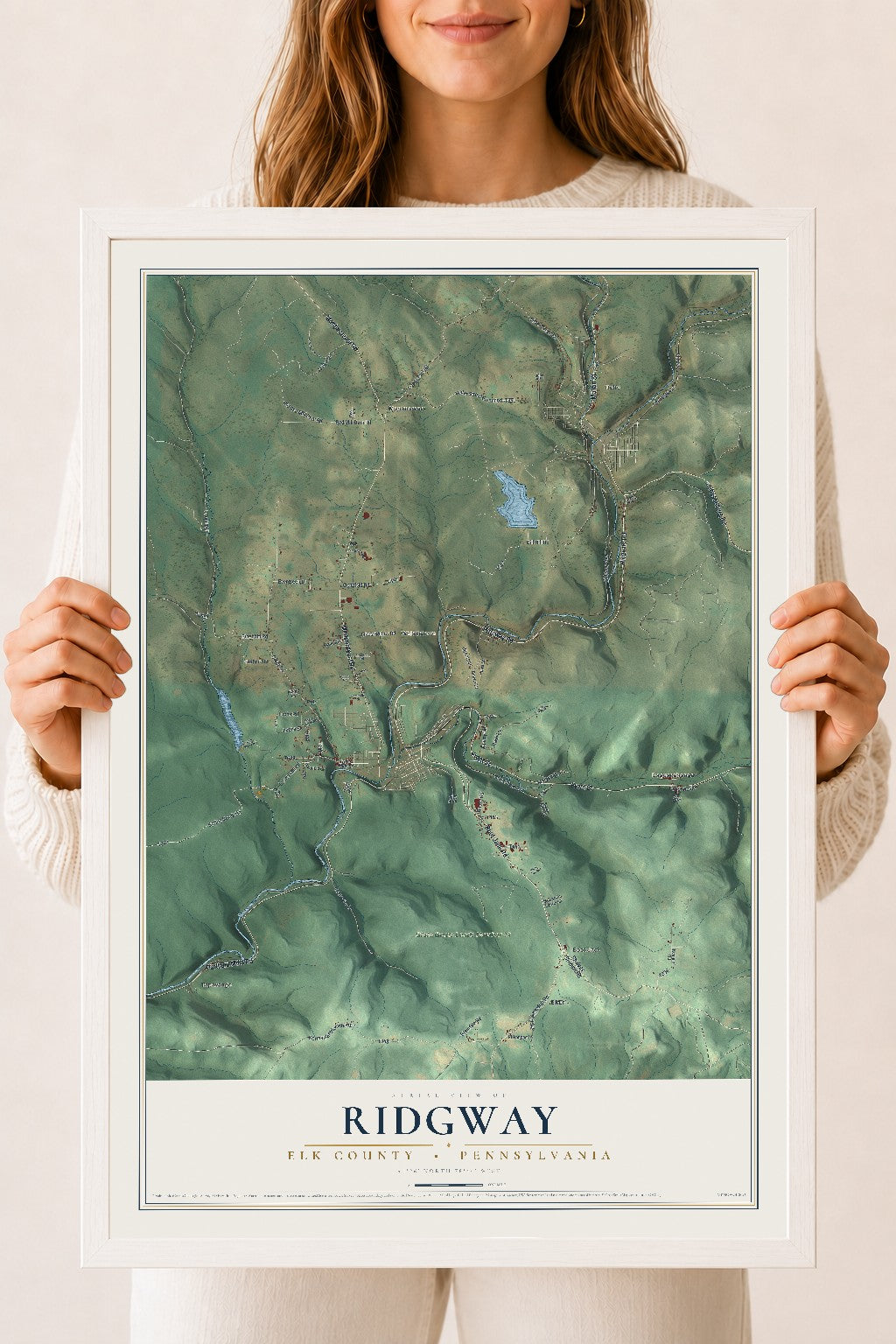 Map of Ridgway, Elk County, Pennsylvania, 18 x 24 inch print in a white wood frame