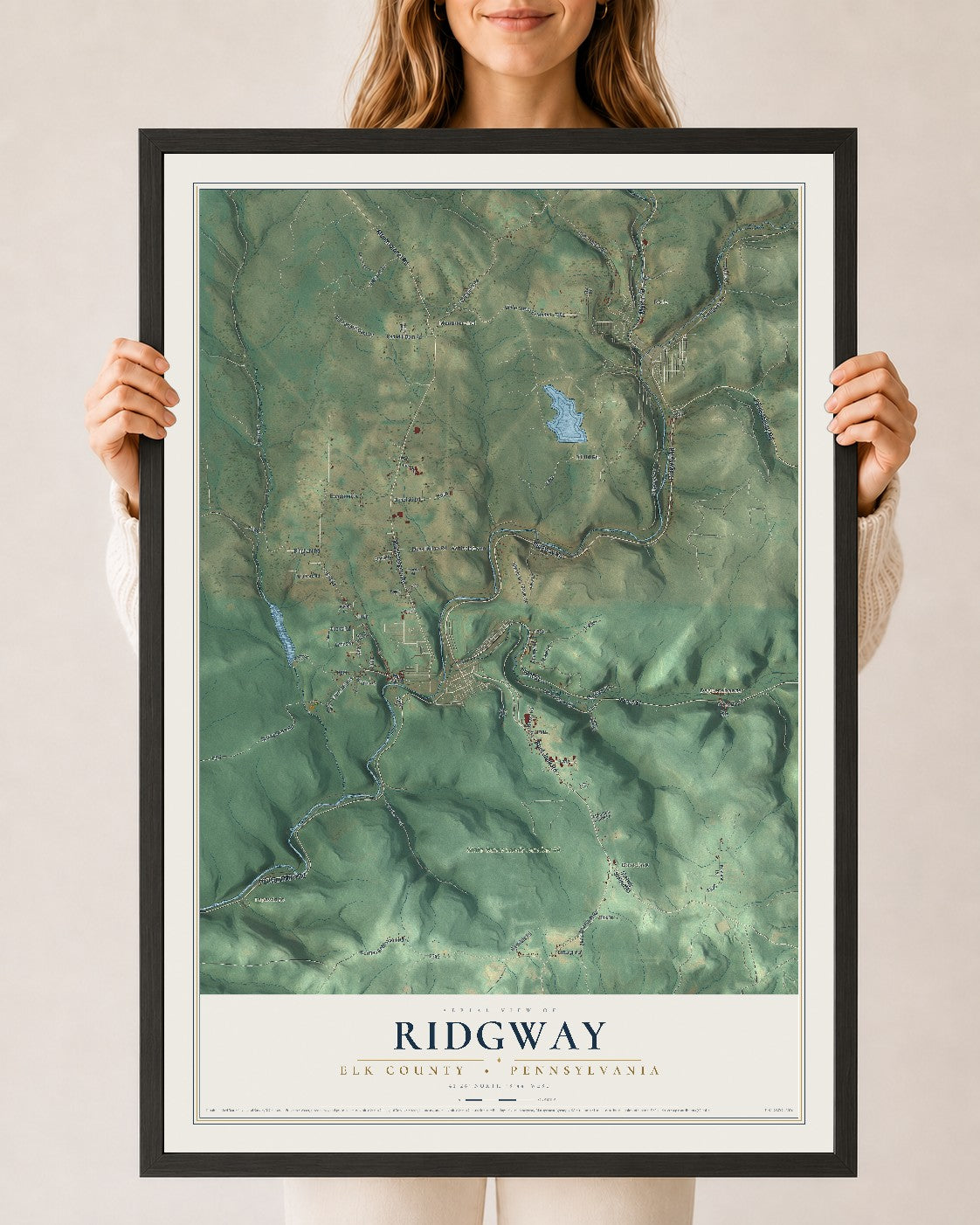 Map of Ridgway, Elk County, Pennsylvania, 24 x 36 inch print in a black wood frame