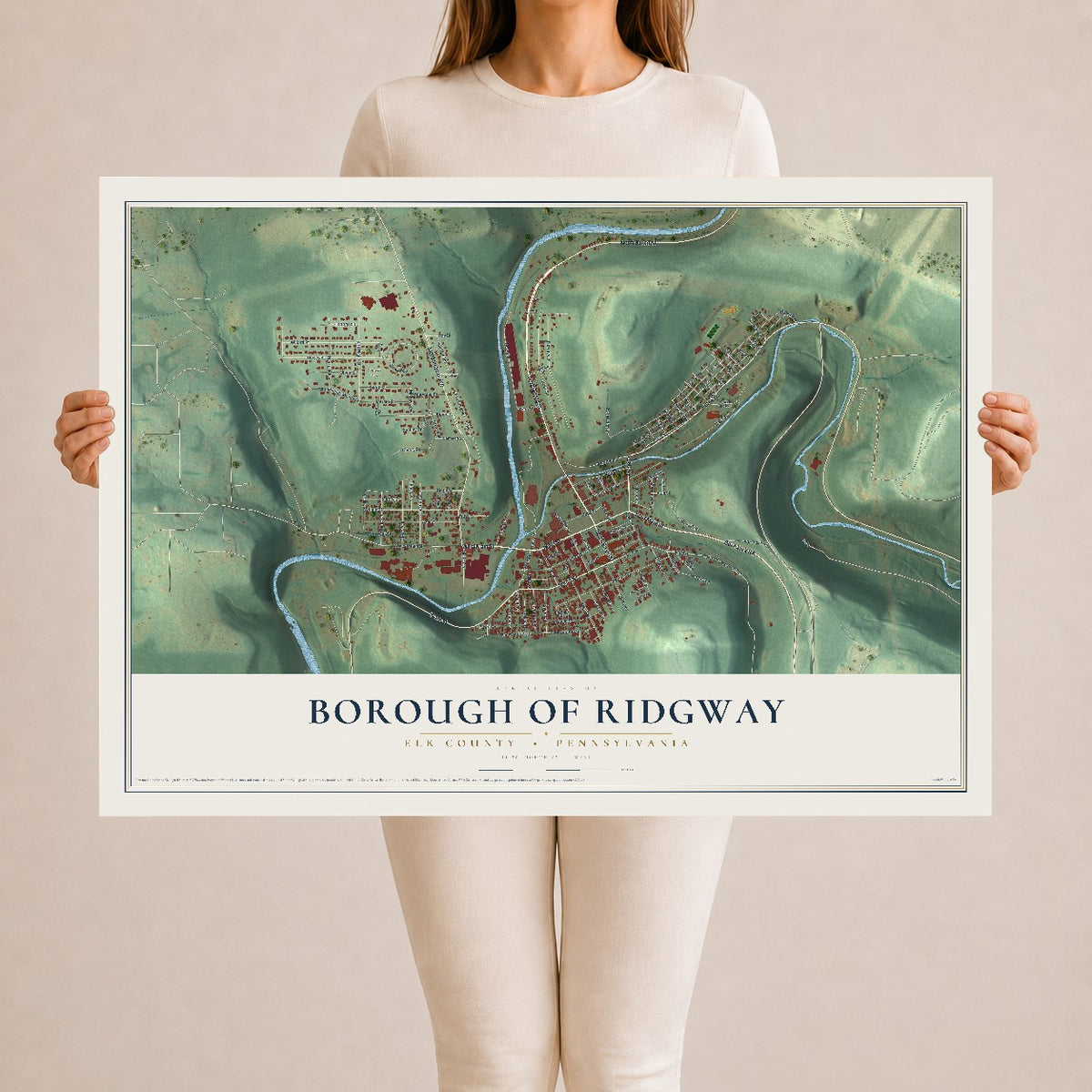 Map of the Borough of Ridgway, Elk County, Pennsylvania, 24 x 36 inch unframed archival matte print