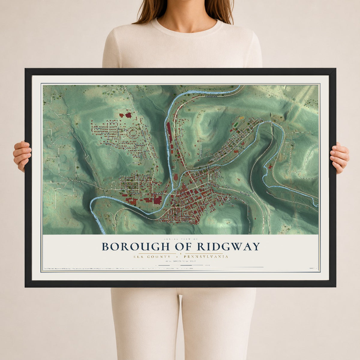 Map of the Borough of Ridgway, Elk County, Pennsylvania, 24 x 36 inch print in a black wood frame