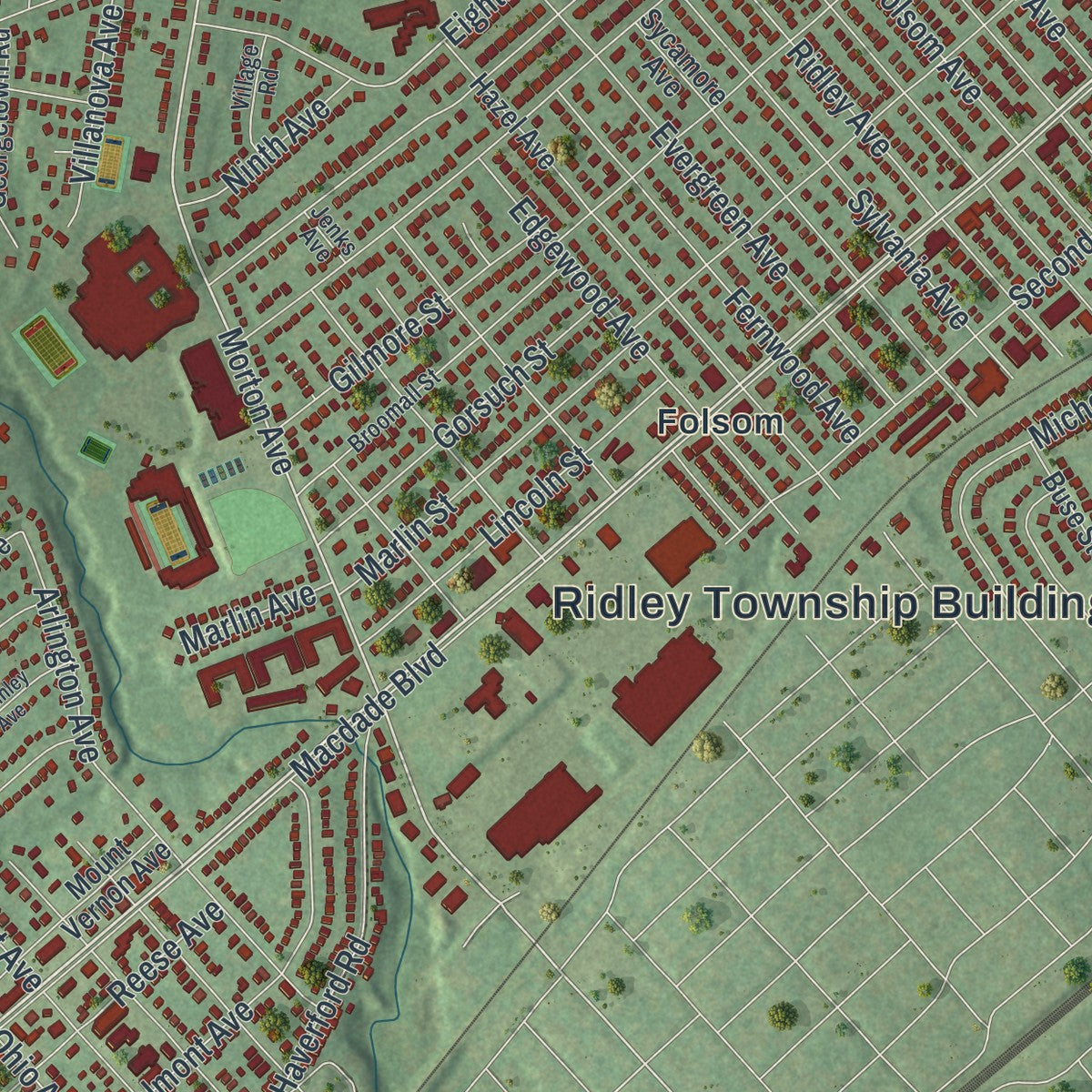 Second close-up of the map of Ridley, Pennsylvania print showing more streets and buildings