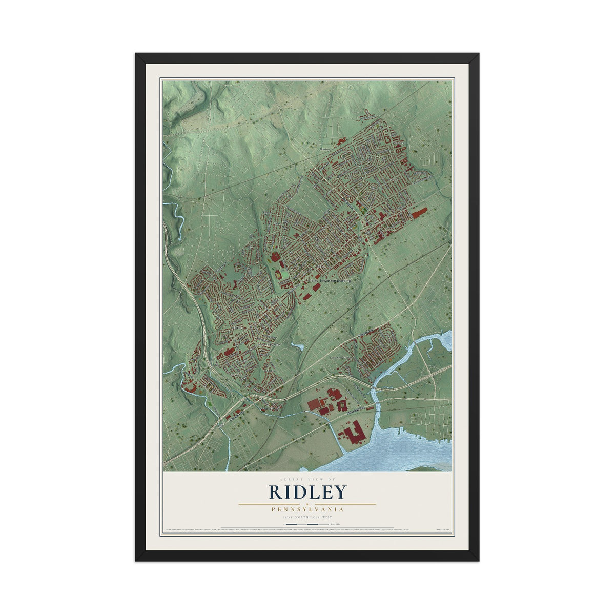 Map of Ridley, Pennsylvania, 12 x 18 inch print in a black wood frame