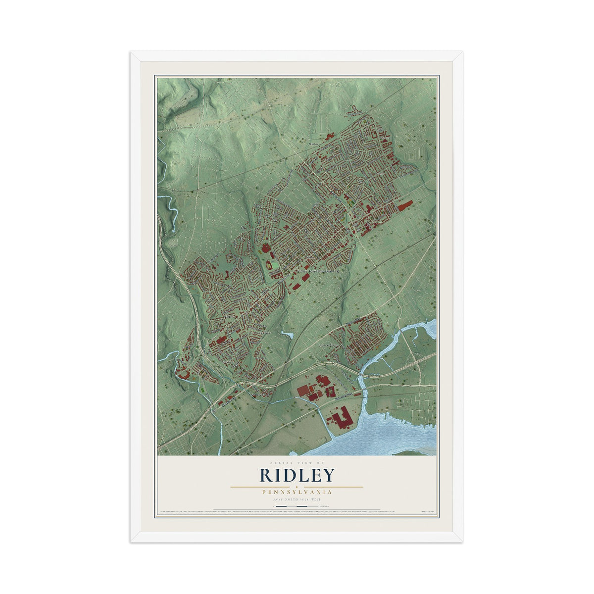 Map of Ridley, Pennsylvania, 12 x 18 inch print in a white wood frame