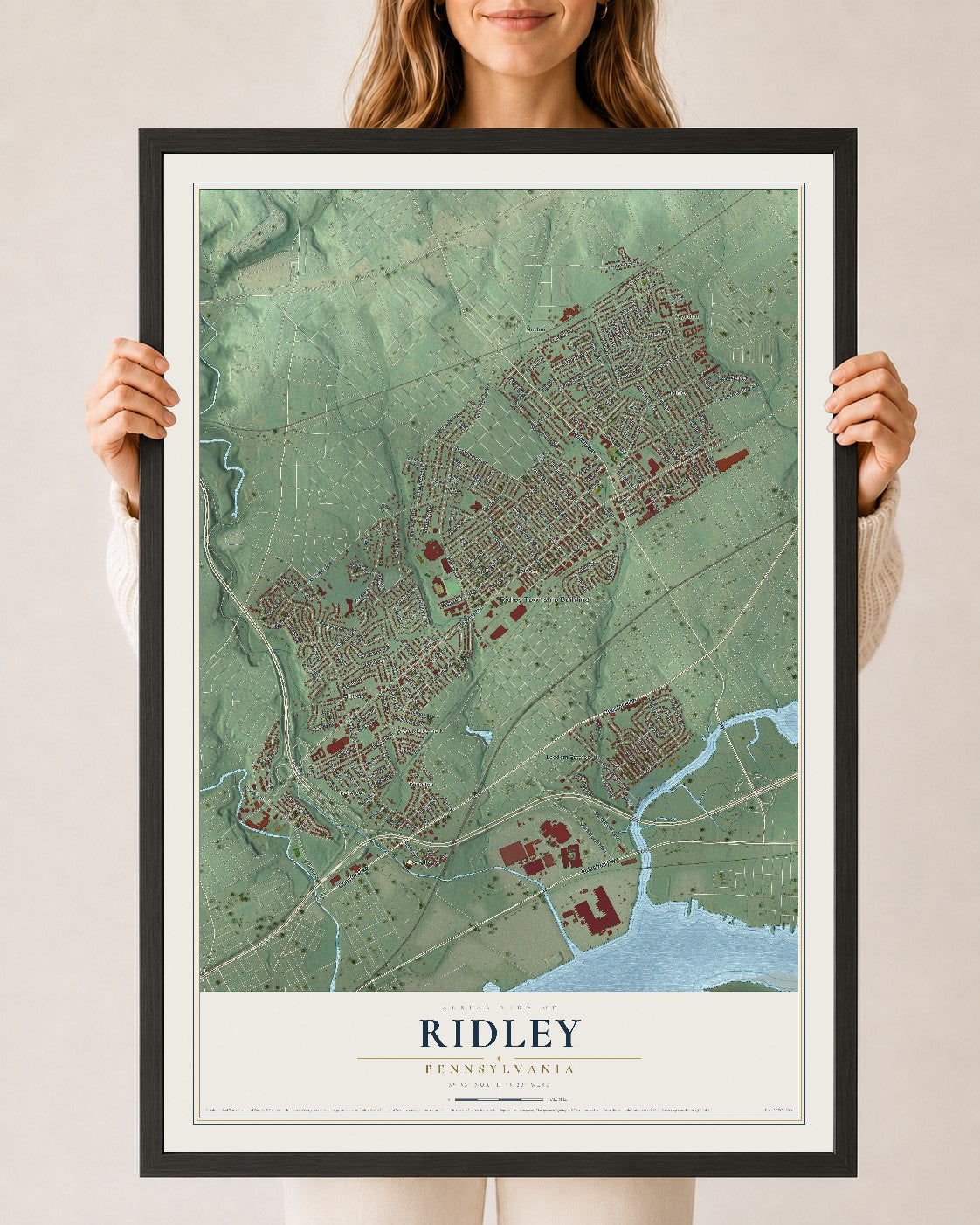 Map of Ridley, Pennsylvania, 24 x 36 inch print in a black wood frame