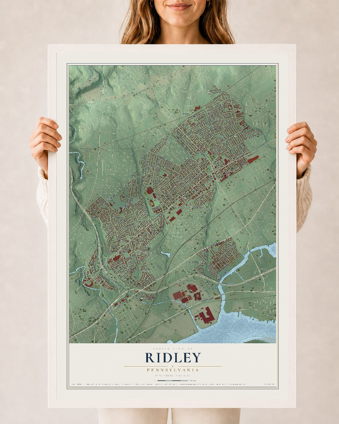 Map of Ridley, Pennsylvania, 24 x 36 inch print in a white wood frame