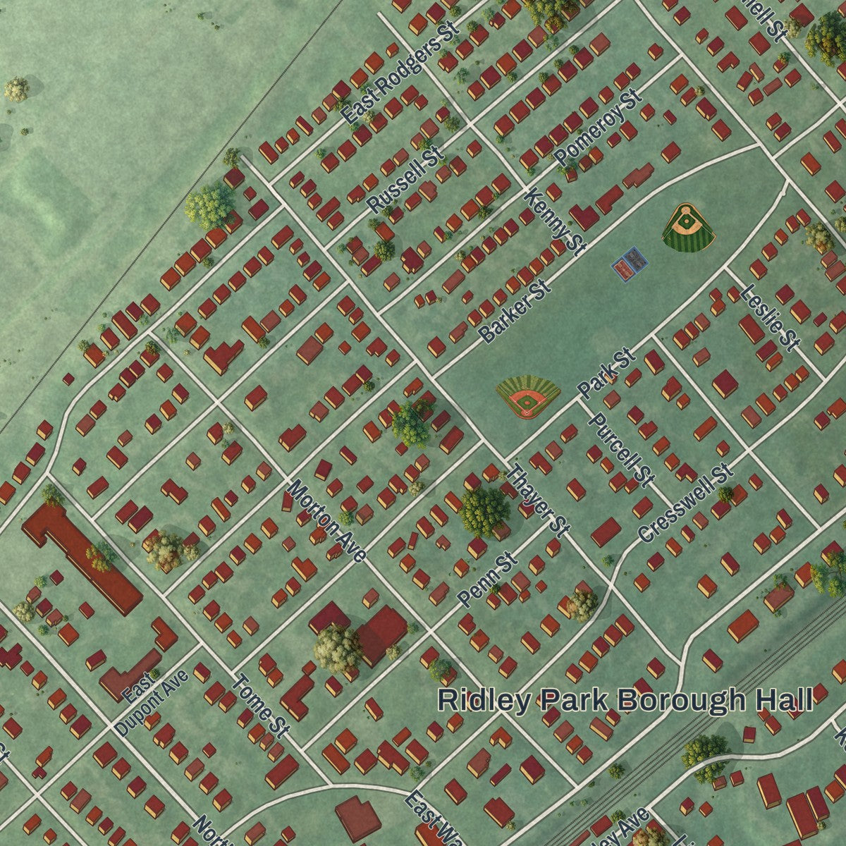 Close-up of the map of Ridley Park, Pennsylvania print showing street and building detail