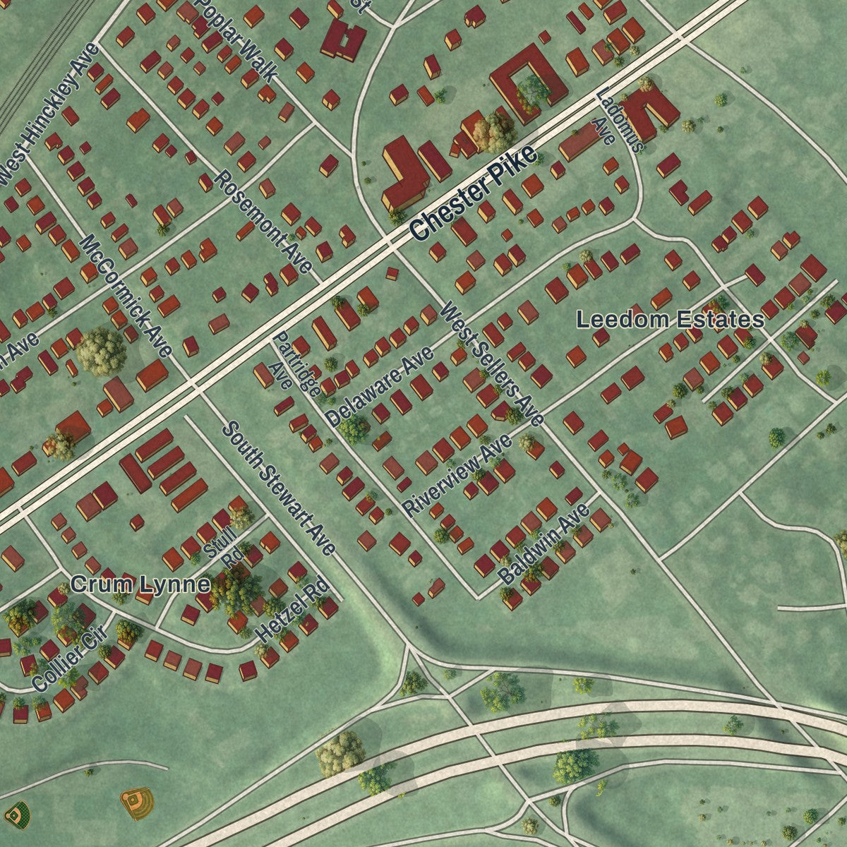 Second close-up of the map of Ridley Park, Pennsylvania print showing more streets and buildings