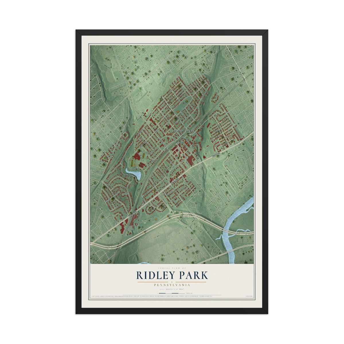 Map of Ridley Park, Pennsylvania, 12 x 18 inch print in a black wood frame