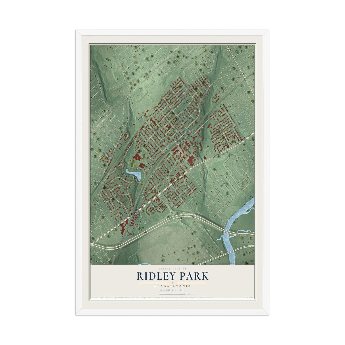 Map of Ridley Park, Pennsylvania, 12 x 18 inch print in a white wood frame