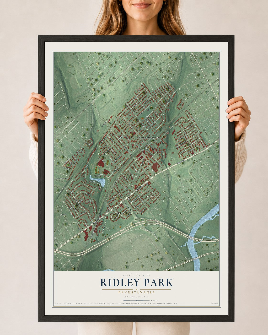 Map of Ridley Park, Pennsylvania, 24 x 36 inch print in a black wood frame