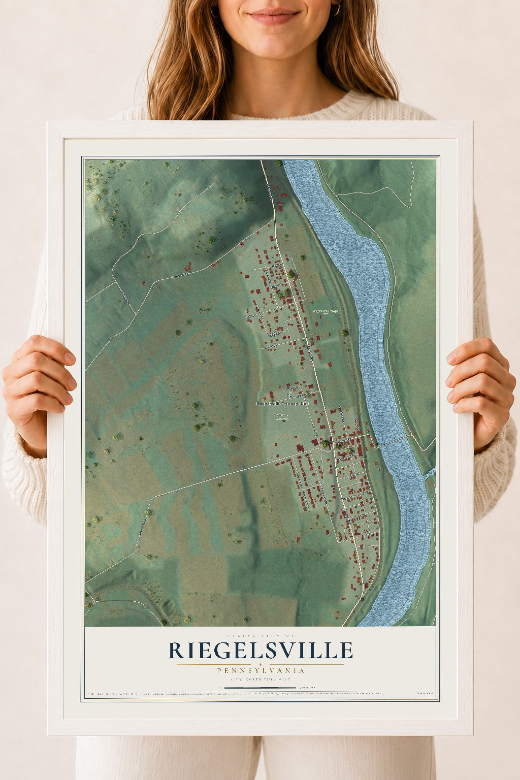 Map of Riegelsville, Pennsylvania, 18 x 24 inch print in a white wood frame