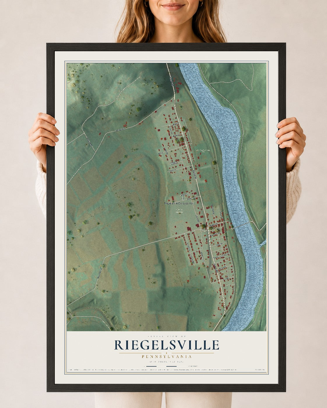 Map of Riegelsville, Pennsylvania, 24 x 36 inch print in a black wood frame