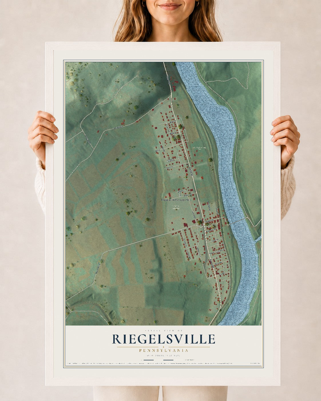 Map of Riegelsville, Pennsylvania, 24 x 36 inch print in a white wood frame