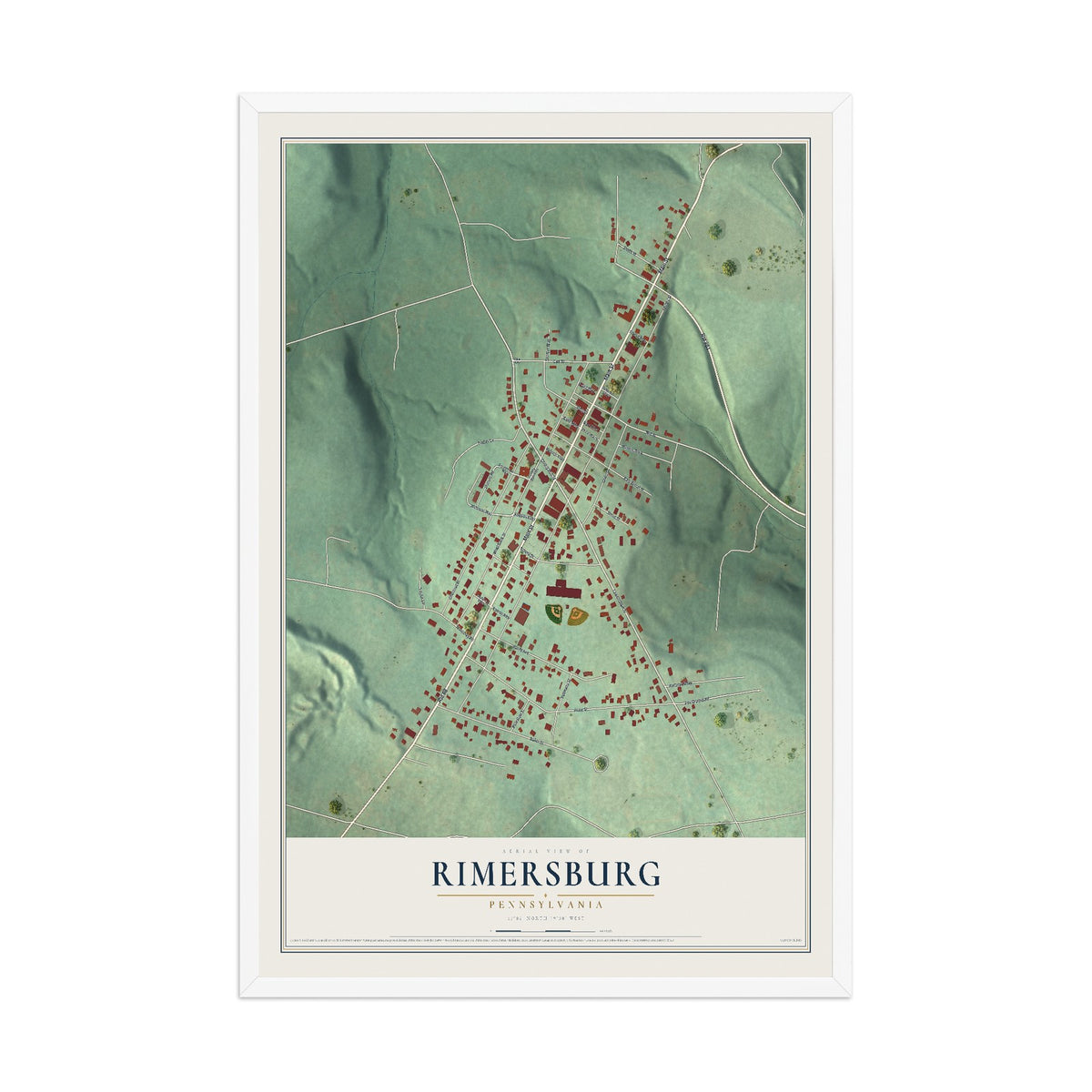 Map of Rimersburg, Pennsylvania, 12 x 18 inch print in a white wood frame