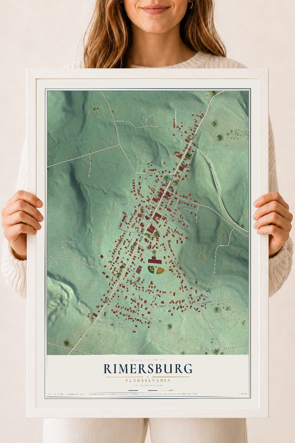 Map of Rimersburg, Pennsylvania, 18 x 24 inch print in a white wood frame