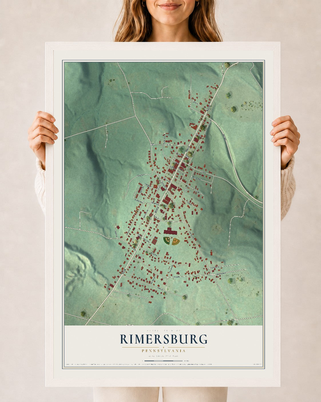 Map of Rimersburg, Pennsylvania, 24 x 36 inch print in a white wood frame