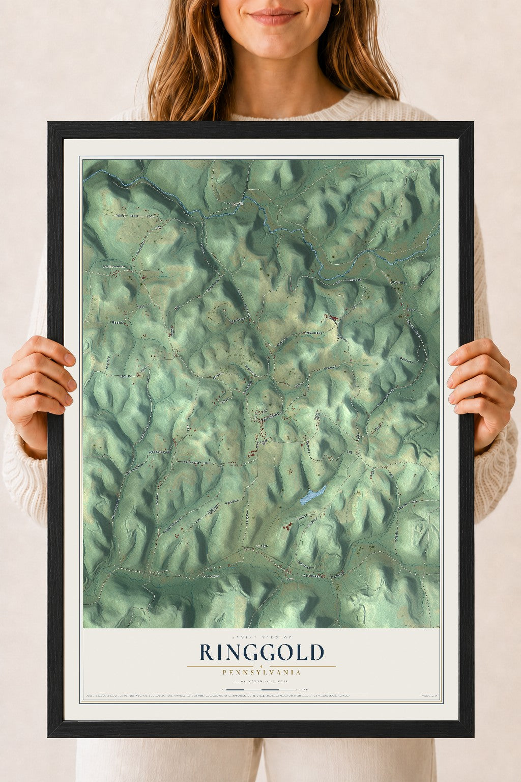 Map of Ringgold, Pennsylvania, 18 x 24 inch print in a black wood frame