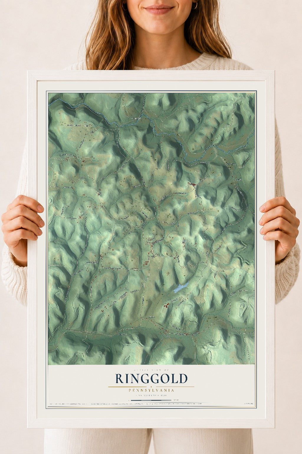 Map of Ringgold, Pennsylvania, 18 x 24 inch print in a white wood frame
