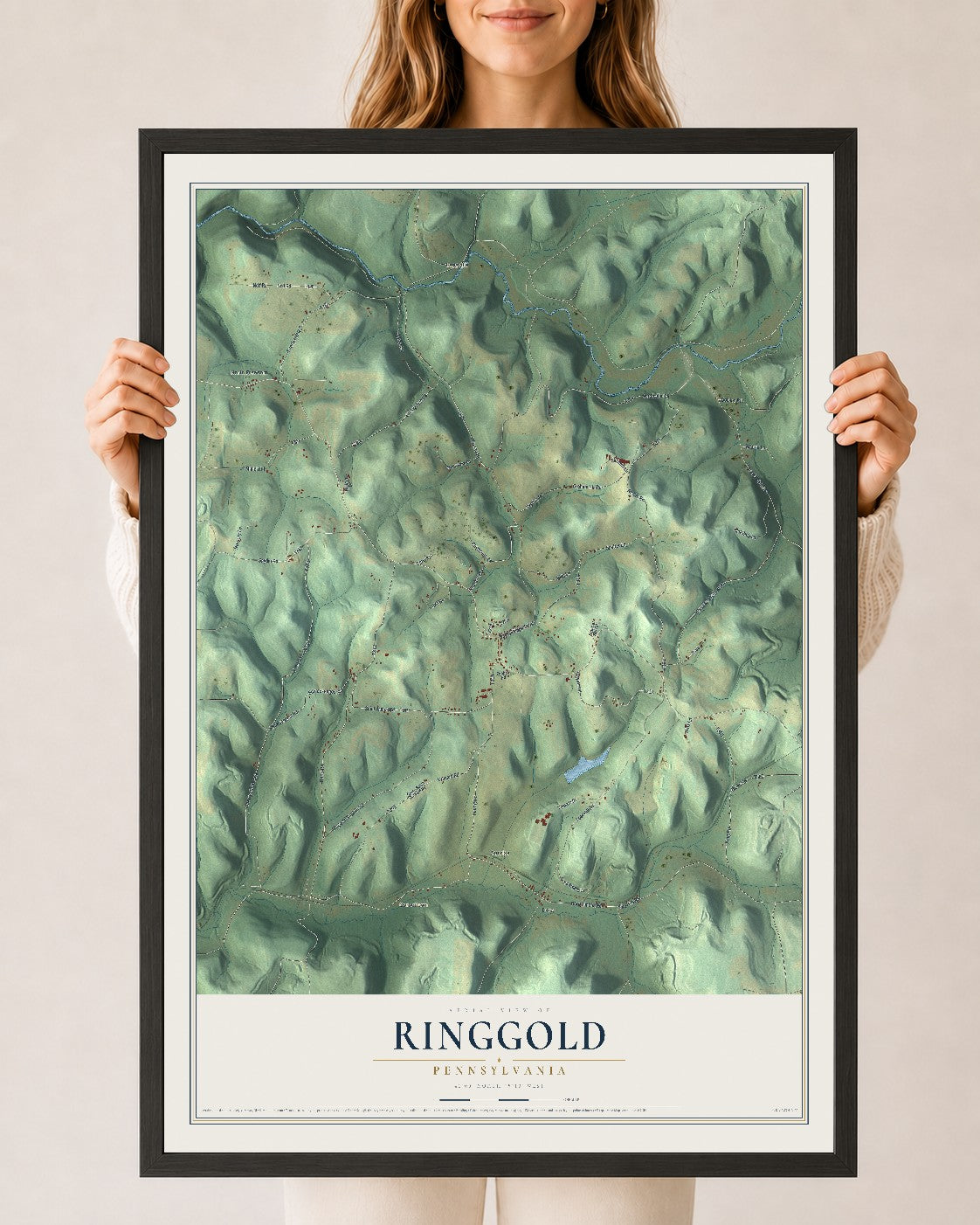 Map of Ringgold, Pennsylvania, 24 x 36 inch print in a black wood frame