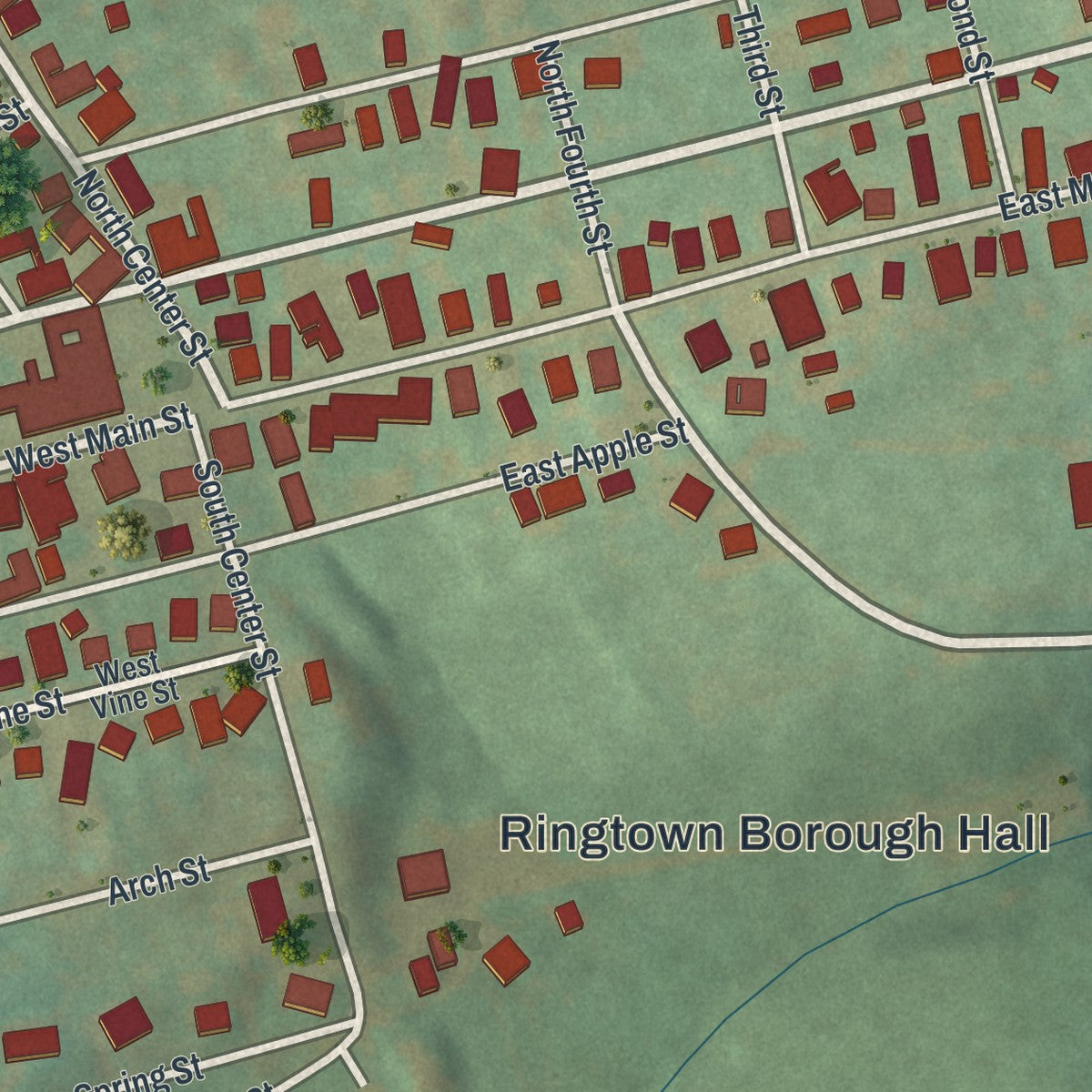 Close-up of the map of Ringtown, Pennsylvania print showing street and building detail