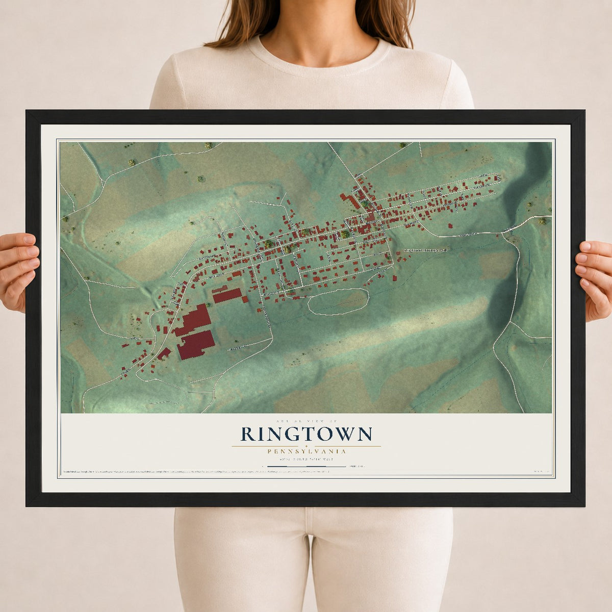 Map of Ringtown, Pennsylvania, 18 x 24 inch print in a black wood frame