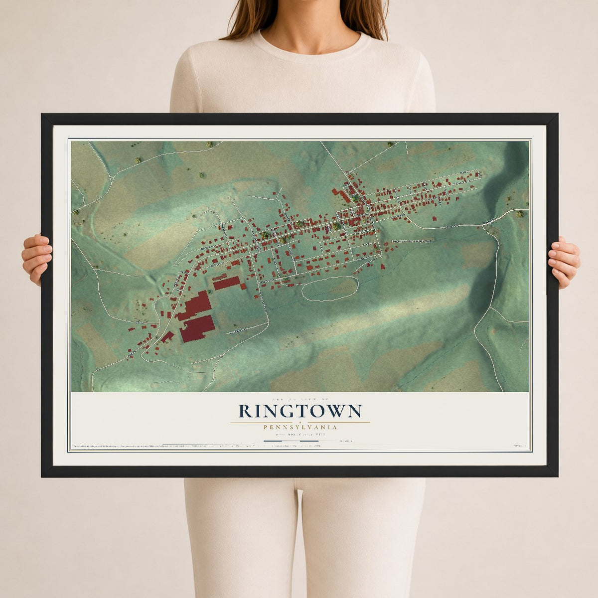 Map of Ringtown, Pennsylvania, 24 x 36 inch print in a black wood frame