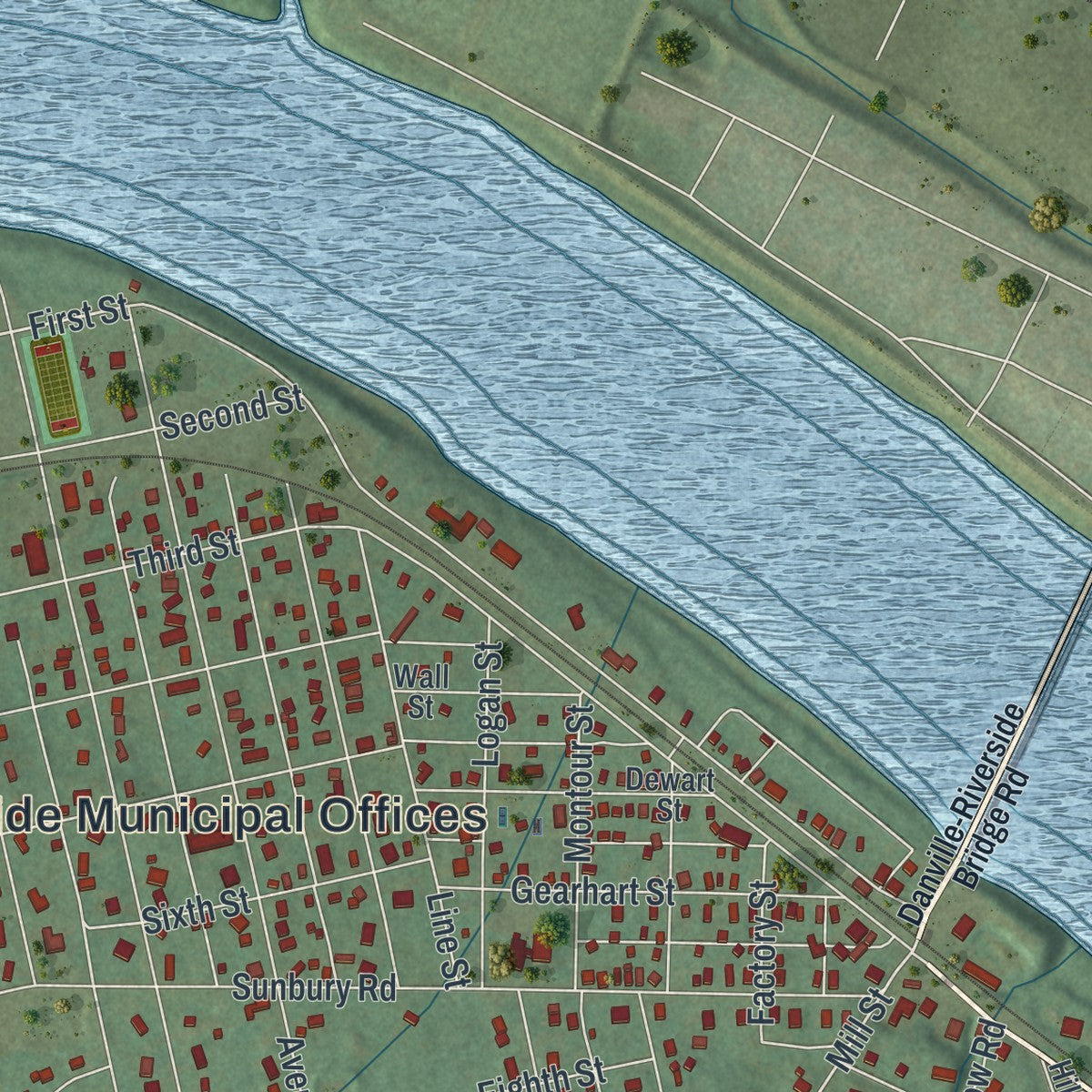 Close-up of the map of Riverside, Pennsylvania print showing street and building detail