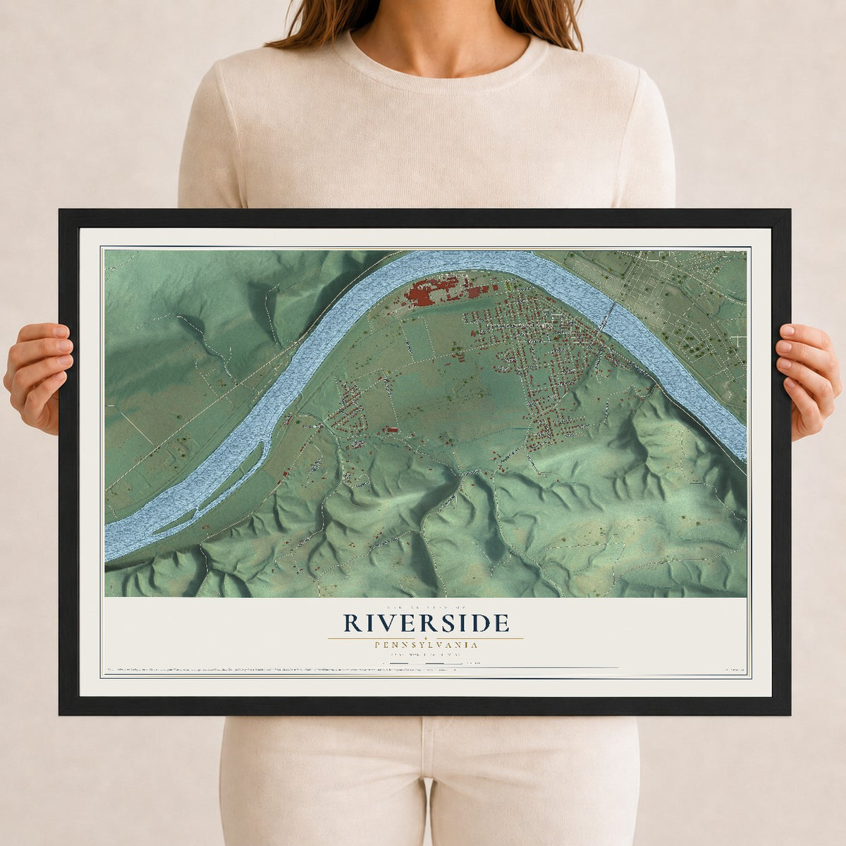 Map of Riverside, Pennsylvania, 12 x 18 inch print in a black wood frame