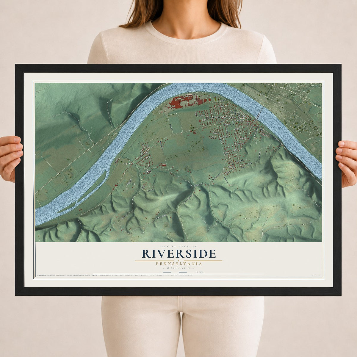 Map of Riverside, Pennsylvania, 18 x 24 inch print in a black wood frame